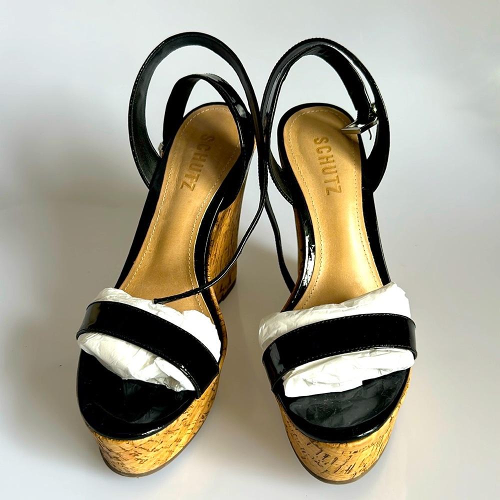 SCHUTZ Black Patent Cork Wedge Sandal size 6.5